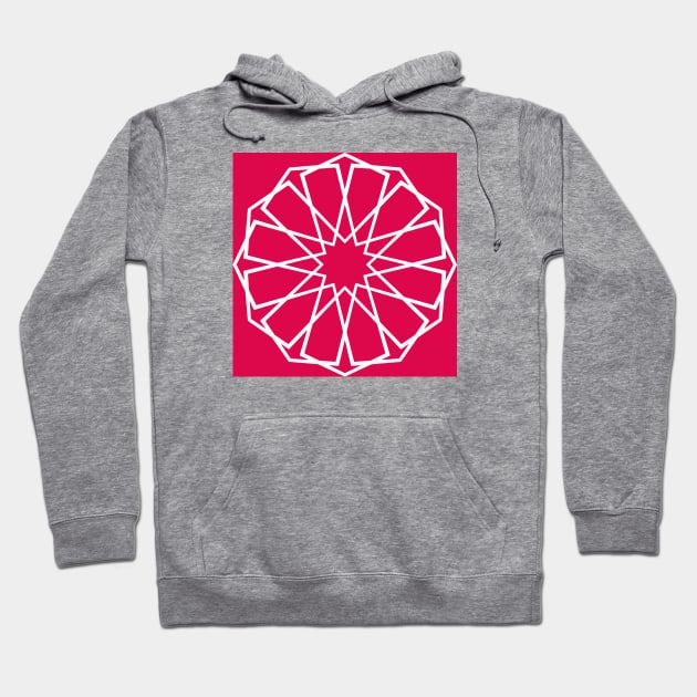 White Islamic Geometric Pattern Stars on Pink Background Hoodie by Tilila